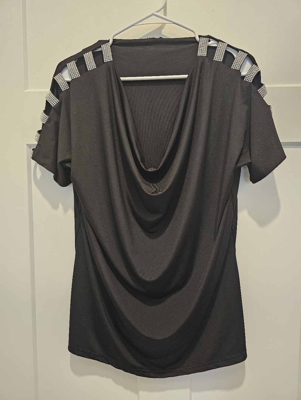 Womens Black Rhinestone Short Sleeve Top/Shirt Size Large